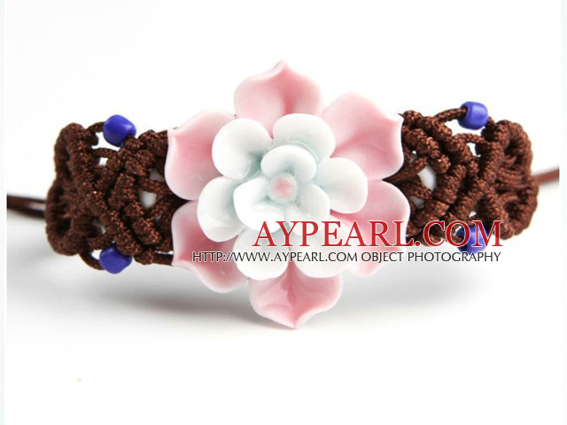 Shamballa stil Handpainting Pink Porcelain Flower Snøring Justerbar armbånd med Brown Tråd