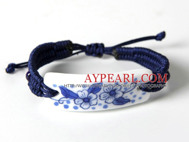 Style de Shamballa Bracelet Rectangle Shape handpainting Bleu et Blanc Porcelaine Cordon de serrage réglable