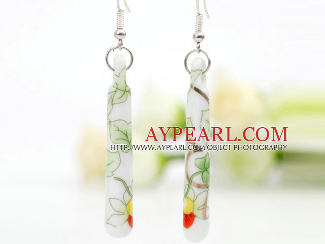 China Style Handpainting Green Vine Design Stick Shape Earrings