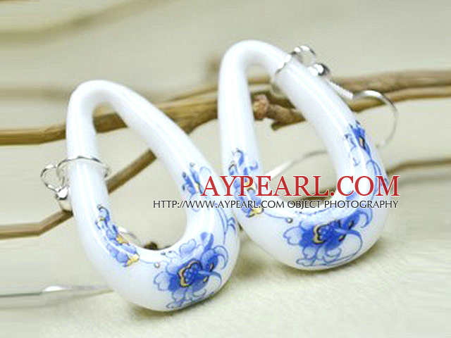 China Style Handpainting Blue and White Porcelain Peony Design Hollow Drop Shape Earrings