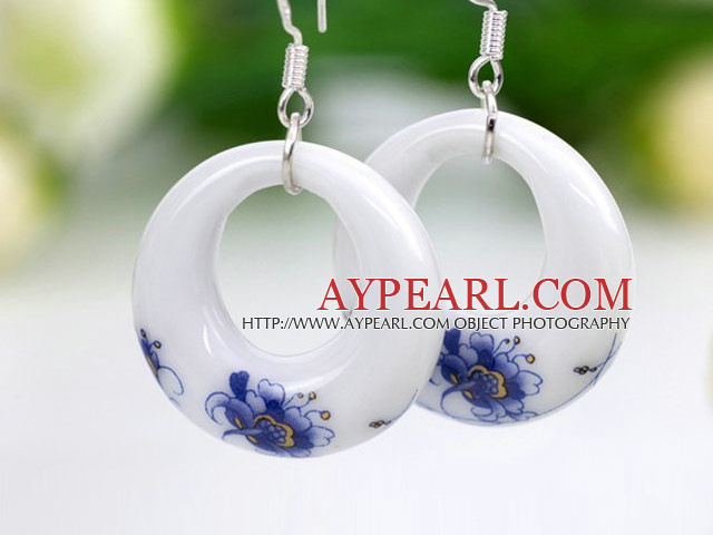 China Style Handpainting Flower Design Donut Shape Earrings