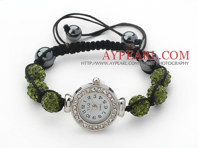 Fashion Style Dark Green Color Rhinestone Ball Watch Drawstring Bracelet