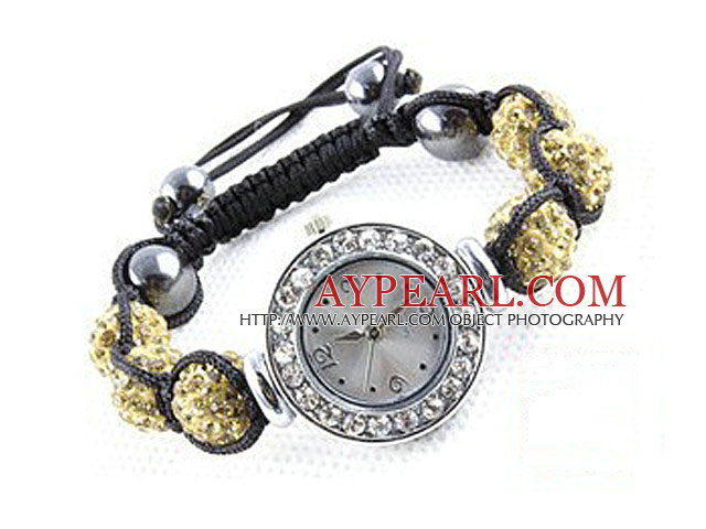 Fashion Style Cristal Strass Couleur Jaune Ball Watch Bracelet cordon