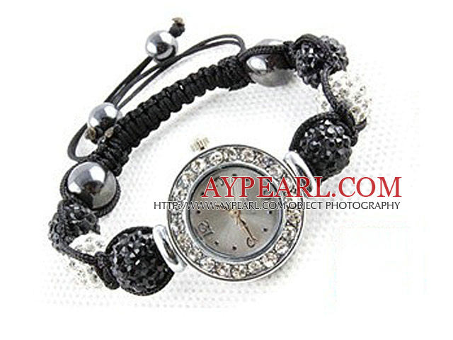 Fashion Style Black and White Color Rhinestone Ball Watch Drawstring Bracelet