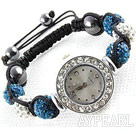 Fashion Style White and Peacock Blue Color Rhinestone Ball Watch Drawstring Bracelet