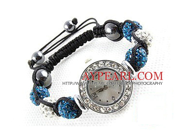Fashion Style Vit och Peacock Blue Color STRASS Ball Watch Drawstring Armband