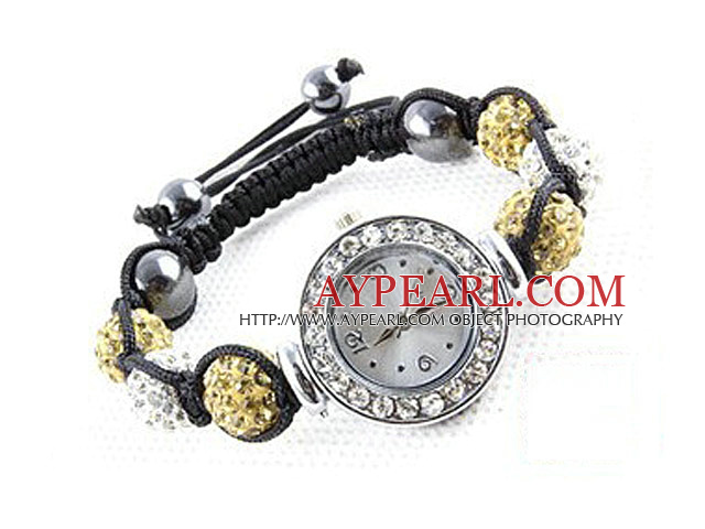 Fashion Style White and Crystal Yellow Color Rhinestone Ball Watch Drawstring Bracelet