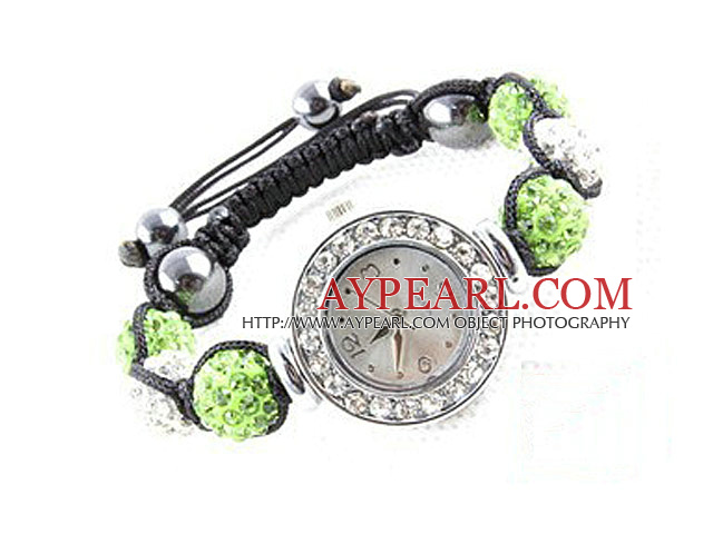 Mote Stil Hvit og Apple Green Color Rhinestone Ball Watch Drawstring armbånd