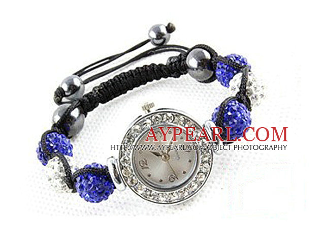 Fashion Style White and Dark Blue Color Rhinestone Ball Watch Drawstring Bracelet