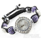 Mote Stil Hvit og lilla farge Rhinestone Ball Watch Drawstring armbånd