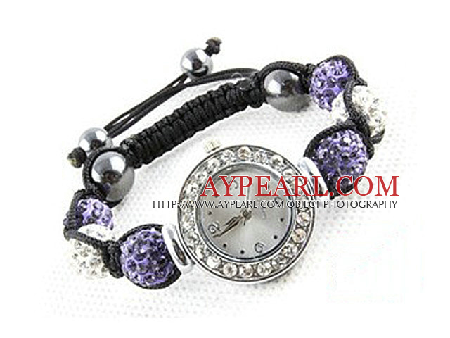 Mote Stil Hvit og lilla farge Rhinestone Ball Watch Drawstring armbånd