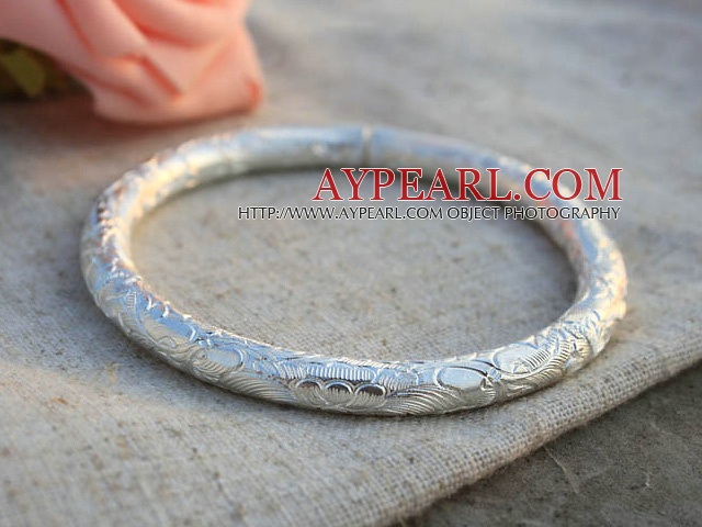 Classic Design Handmade 999 Sterling Silver Thin Bangle Bracelet with Flower Pattern