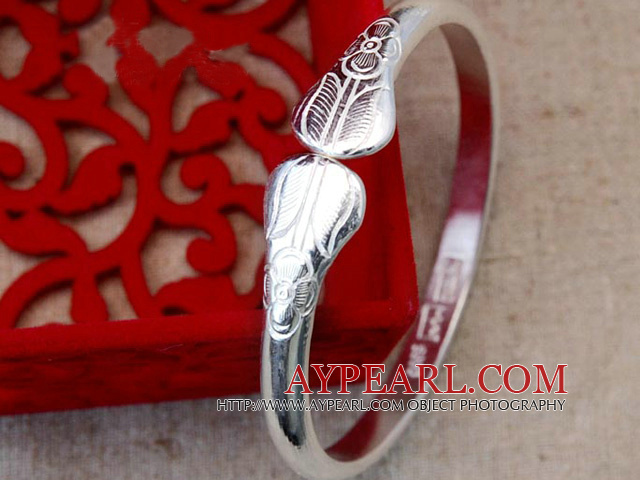 Handgjorda 999 Sterling Silver Tunn Bangle Armband med blommönster