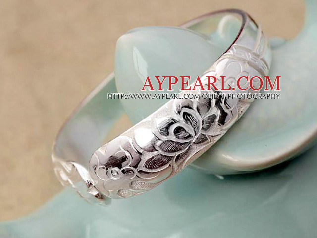 Wide Style Handmade 999 Sterling Silver Bangle Bracelet with Lotus Pattern