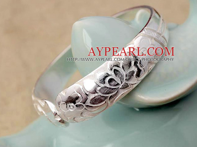 Ευρεία Χειροποίητο Style 999 Sterling Silver βραχιόλι βαρύ βραχιόλι με Pattern Lotus