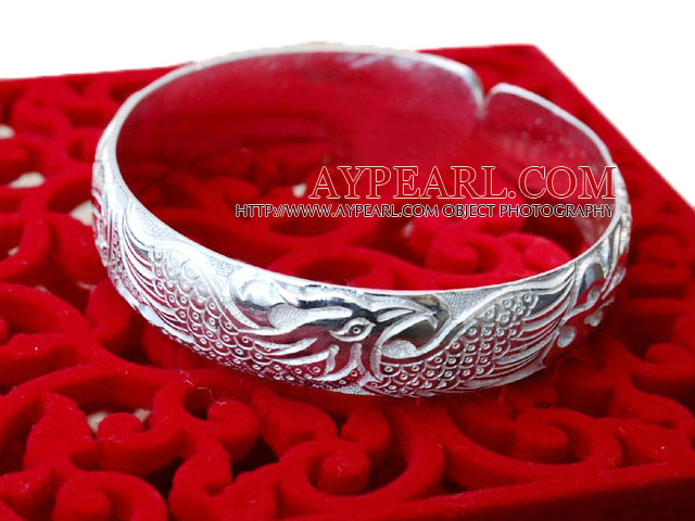 Bold Style Handmade 999 Sterling Silver Bangle Bracelet with Phoenix Pattern