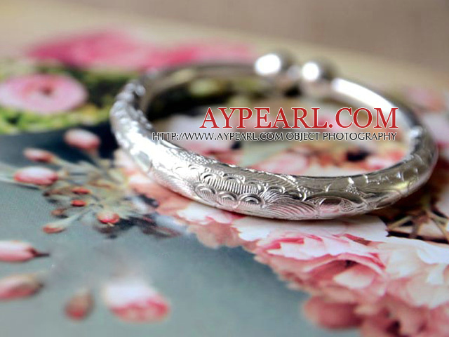 Handmade 999 Sterling Silver Bangle Bracelet med Tree Peony mønster