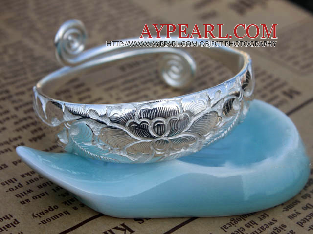 Handmade 999 Sterling Silver Adjustable Bangle Bracelet with Tree Peony