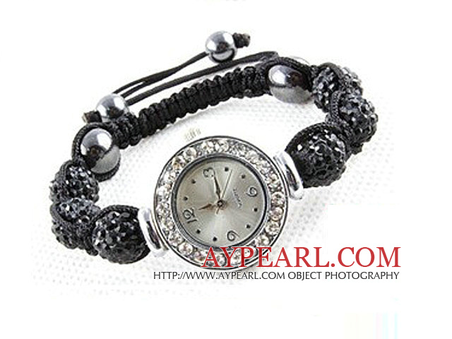 Fashion Style Black Rhinestone Ball Watch Drawstring Bracelet