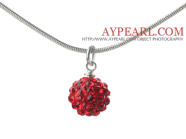 Simple Design Fashion Style Red Rhinestone Ball Pendant Necklace with Metal Chain