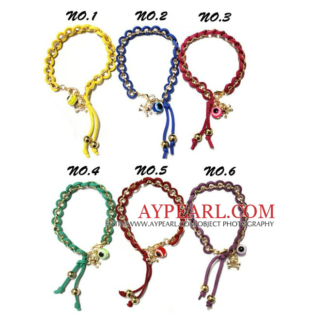 6 Pieces Shamballa Style Handmade Link Drawstring Fashion Bracelet with Metal Skull and Evil Eye Accessories ( One Piece of Each Color)