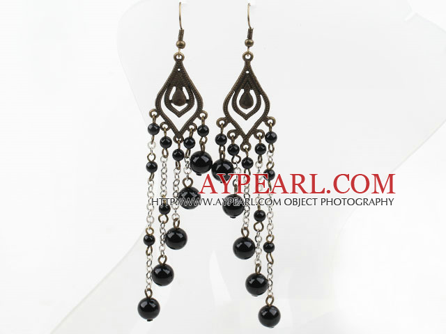 Long Style Vintage Style Black Agate Tassel Earrings