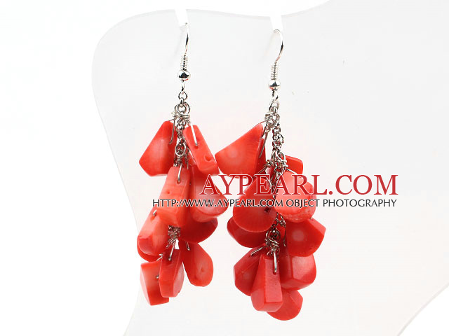Cluster Style Drop Shape Orange Red Coral Earrings