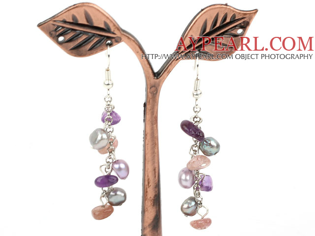 Dangle Style Frshwater Pearl and Amethyst and Strawberry Quartz Long Earrings