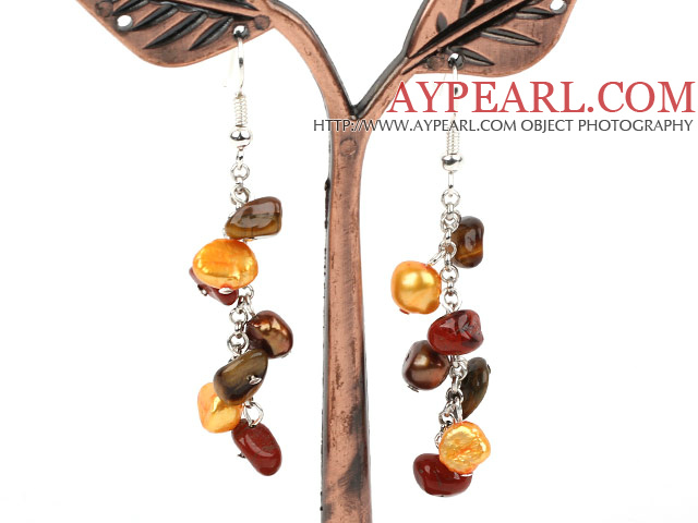 Dangle Style Brown Series Freshwater Pearl and Tiger Eye and Red Jasper Long Earrings