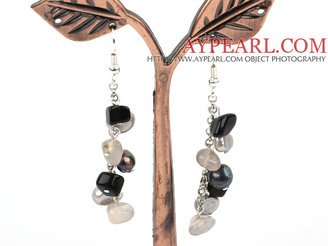 Dangle Style Gray Black Series Freshwater Pearl and Agate Long Earrings
