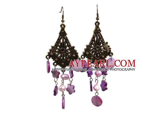 Vintage Style Chandelier Shape Purple Pearl Shell Brons Hook Örhängen