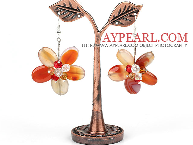 Natural Color Agate and Multi Color Crystal Flower Shape Earrings