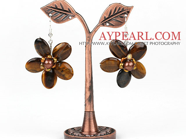 Tiger Eye and Brown Pearl Flower Shape Earrings