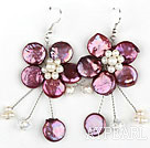 Purple Red Coin Pearl and White Pearl Crystal Flower Shape Earrings