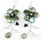 Olive Green Coin Pearl and Pearl Crystal Flower Shape Earrings