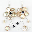 Champagne Color Coin Pearl and White Pearl Crystal Flower Shape Earrings