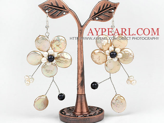 Champagne Color Coin Pearl and White Pearl Crystal Flower Shape Earrings