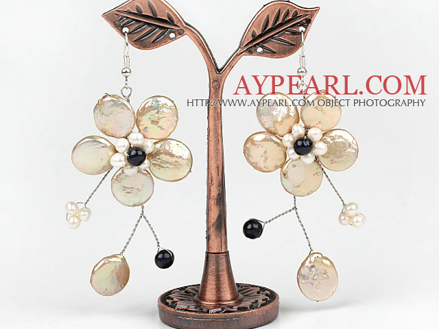 Champagne Χρώμα Coin Pearl και White Pearl κρύσταλλο σκουλαρίκια σε σχήμα λουλουδιού