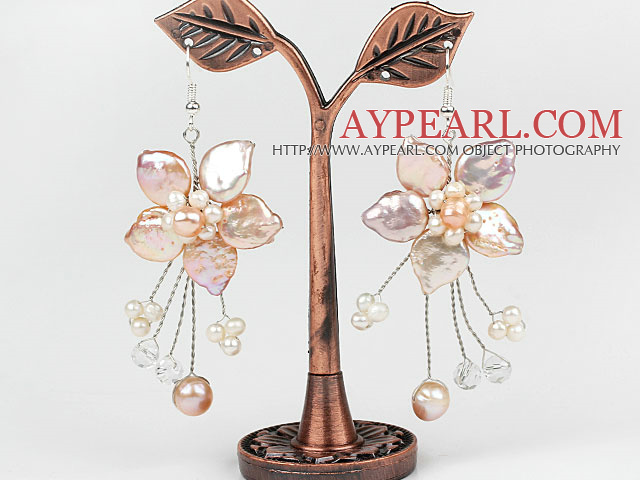 Natural Violet Coin Pearl et perles blanches Boucles d'oreilles en cristal en forme de fleur