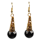 Simple Classic Design Faceted Black Agate Dangle Earrings With Golden Hook
