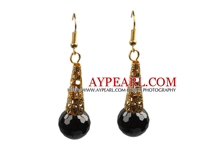 Simple Classic Design Faceted Black Agate Dangle Earrings With Golden Hook