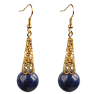 Simple Classic Design Round Lapis Bead Dangle Earrings With Golden Hook