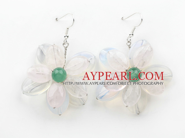 Elegant Style Rose Quartz and Opal and Green Agate Flower Shape Earrings