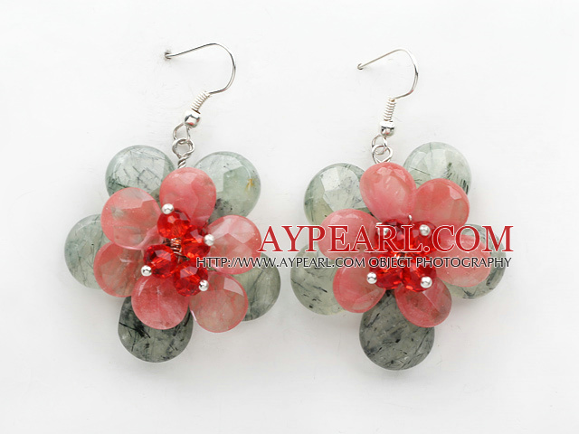 Faceted Prehnite and Cherryq Quartz Flower Shape Earrings