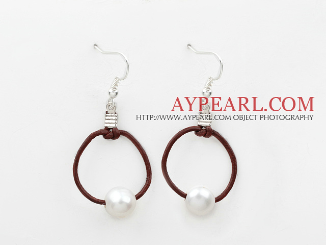 Simple Deisgn Natural White Freshwater Pearl Earrings with Leather Loop Cord