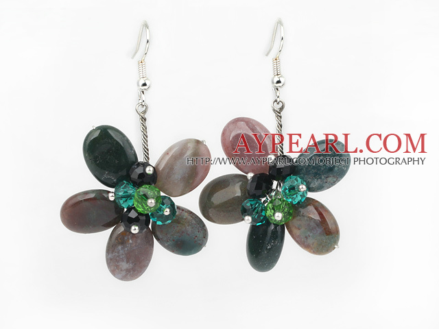 Indian Agate Agate and Crystal Flower Earrings