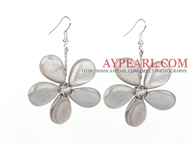 Light Gary Series Gray Shell and Gray Crystal Flower Earrings