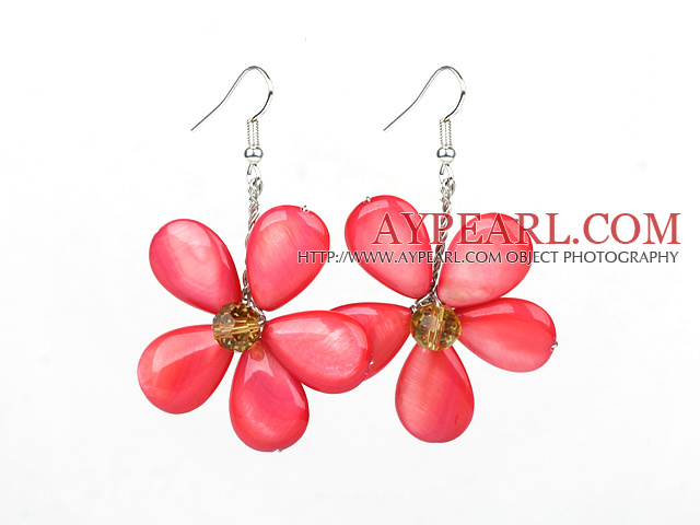 Hot Pink Series Hot Pink Shell and Orange Color Crystal Flower Earrings