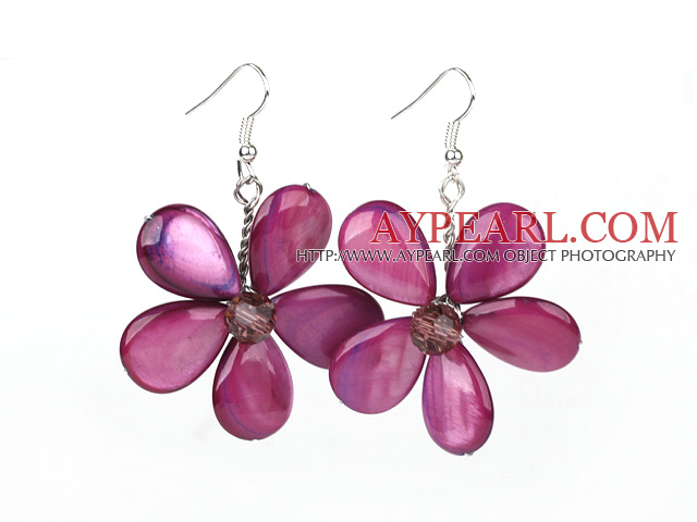 Purple Red Series Purple Red Shell and Purple Red Crystal Flower Earrings