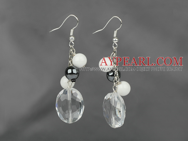 Dangle Style Clear Crystal and Tungsten Steel Stone and White Porcelain Stone Earrings
